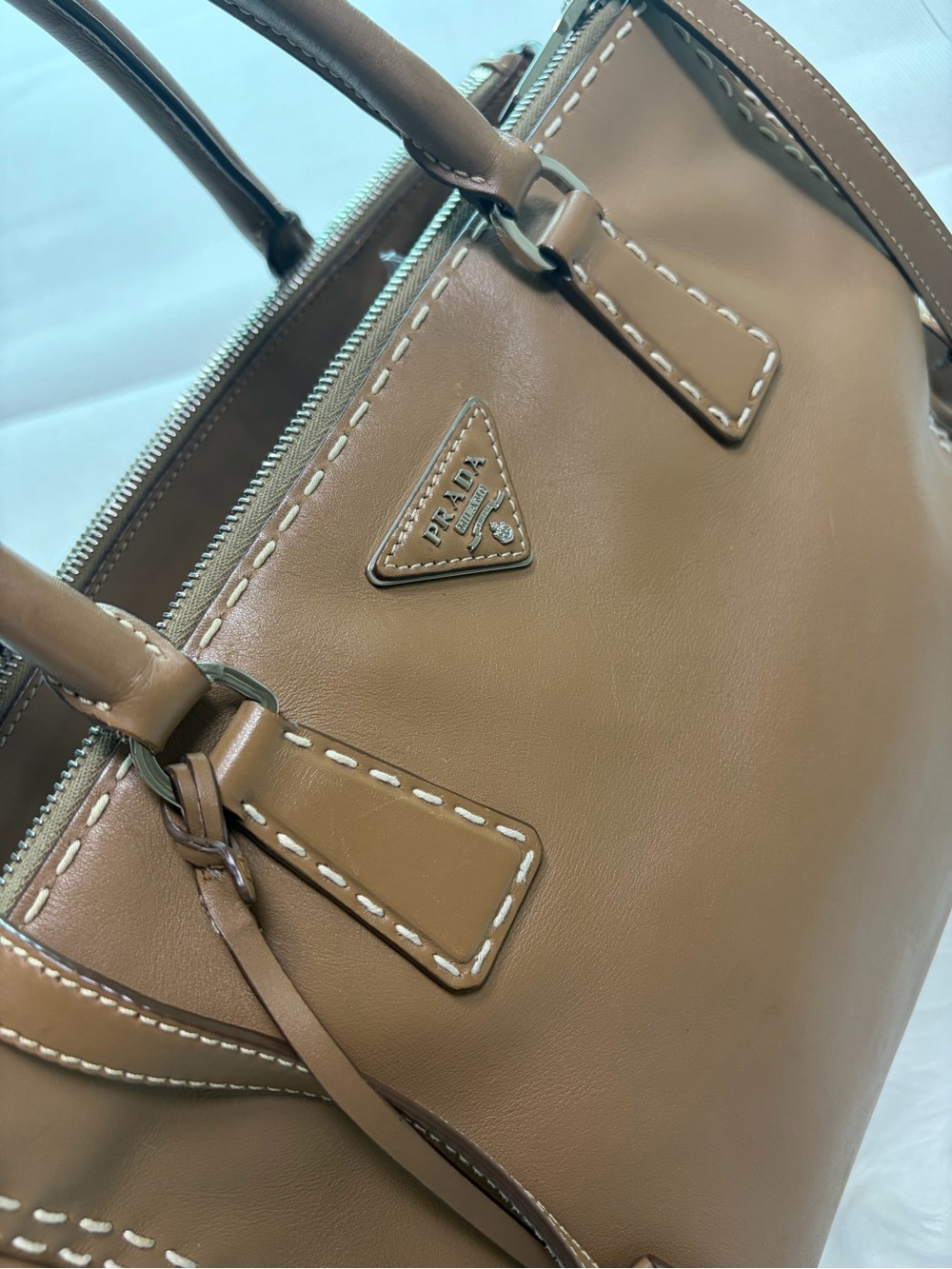 Prada Tan Leather Satchel with Stitch Detailing - Picture 14 of 16